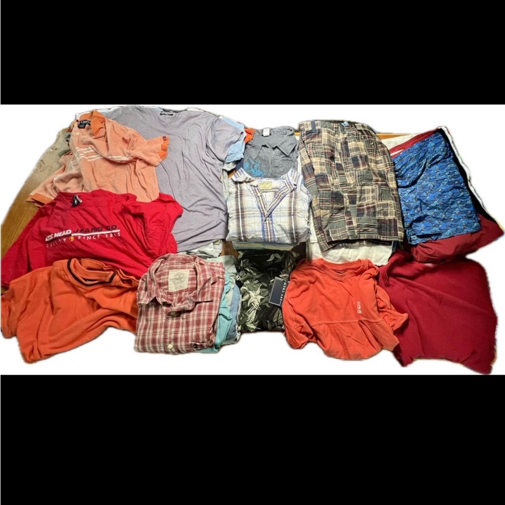 Large load of men's clothes 44 shirts, 12 pairs shorts. Mostly large snd som...
